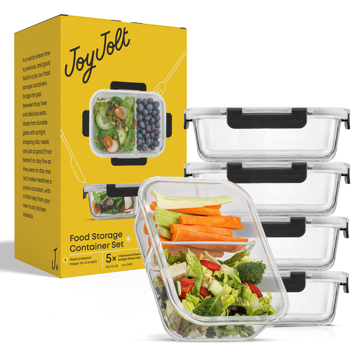 JoyJolt 10-Piece 2-Section Glass Food Storage Container (Set of 5)